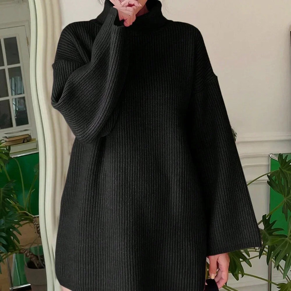 Black Casual Women's High Neck Drop Shoulder Sleeve Sweater - Picture 2 of 5